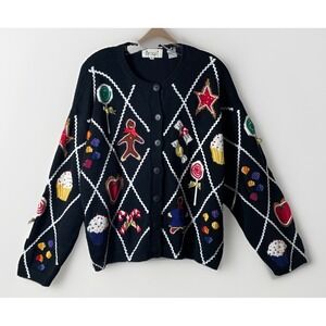 Epogee Long Sleeve Button Down Christmas Cardigan Embroidered Beaded Vintage L
